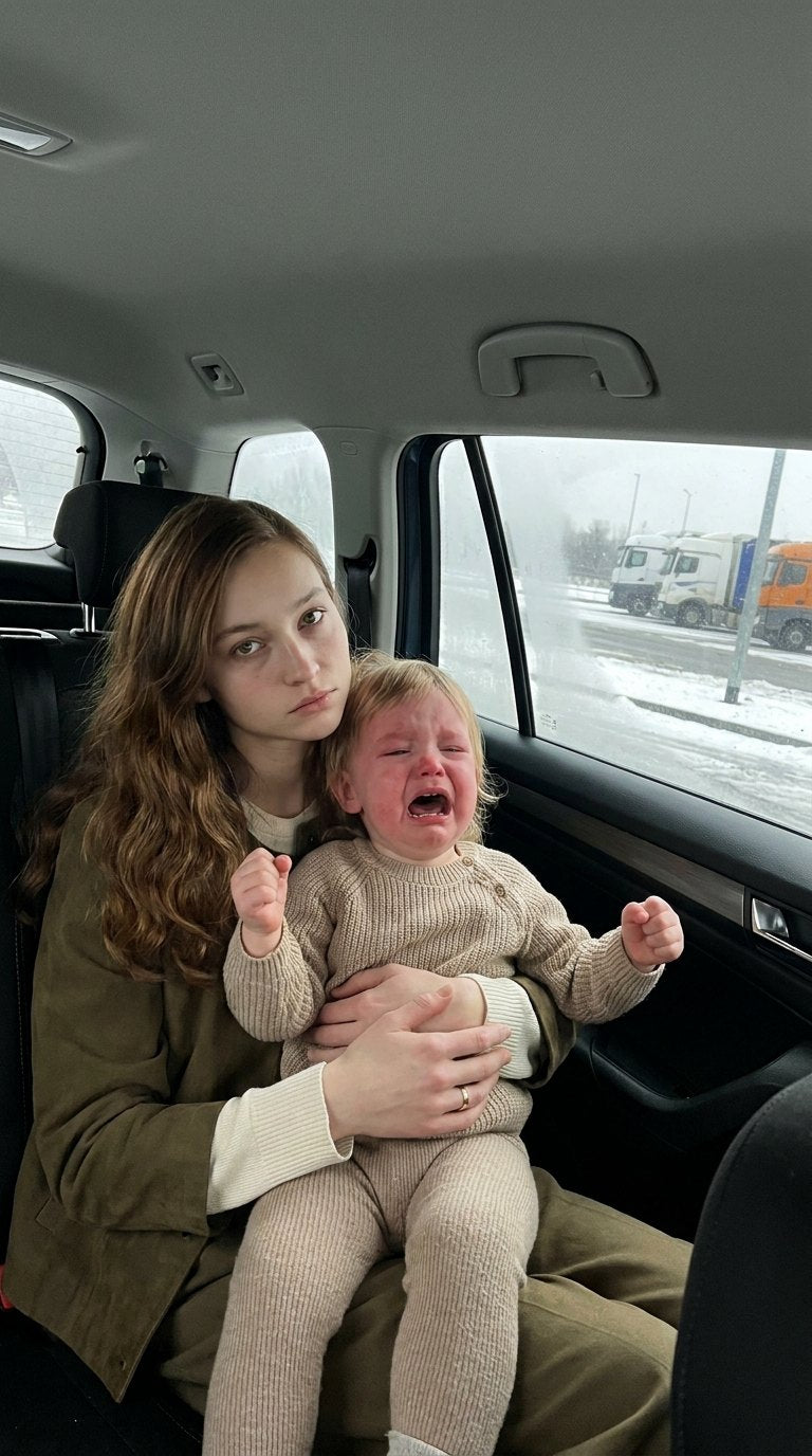 Zmęczona mama trzyma na kolanach płaczące dziecko w aucie na parkingu