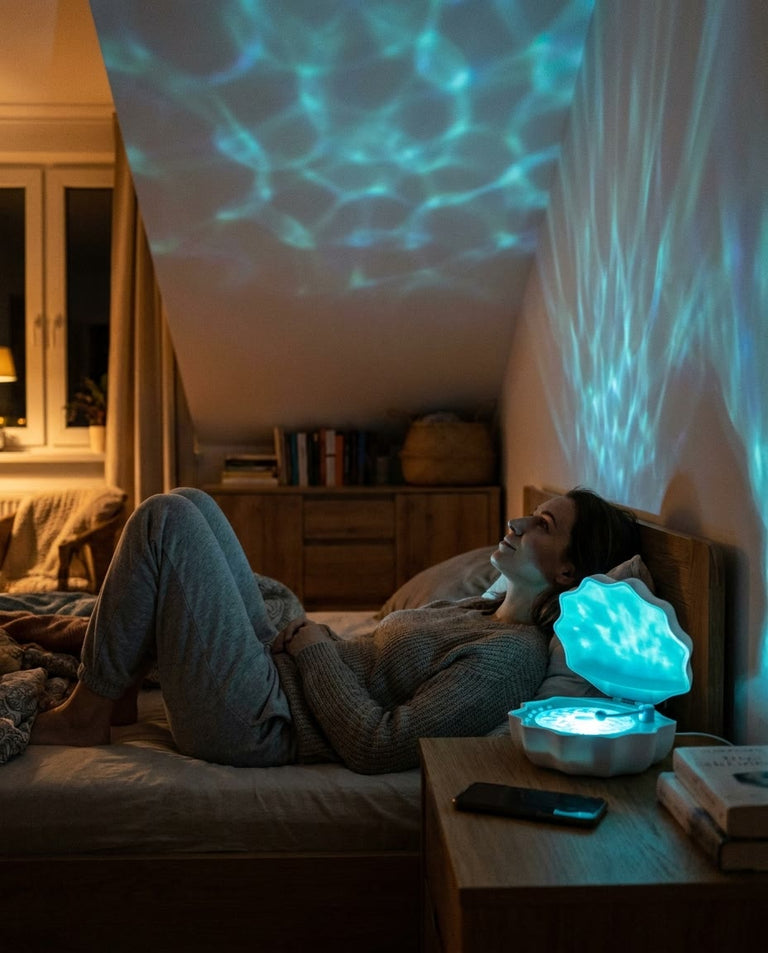 Kobieta odpoczywa wieczorem w sypialni, na suficie fale światła z lampki Lumina