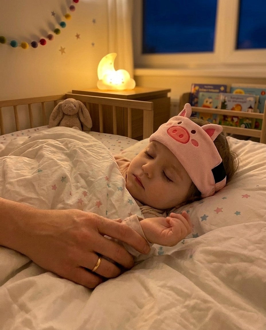 Dziecko śpi z opaską-słuchawkami ze świnką przy lampce nocnej, mama trzyma je za rączkę