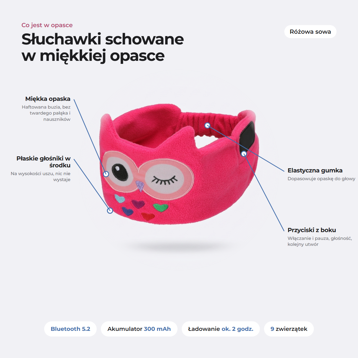 Co jest w opasce: miękka opaska, płaskie głośniki, przyciski z boku, elastyczna gumka; różowa sowa