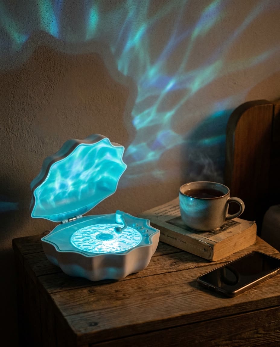 Lampka Lumina na szafce nocnej w sypialni, fale na ścianie, obok herbata i książka