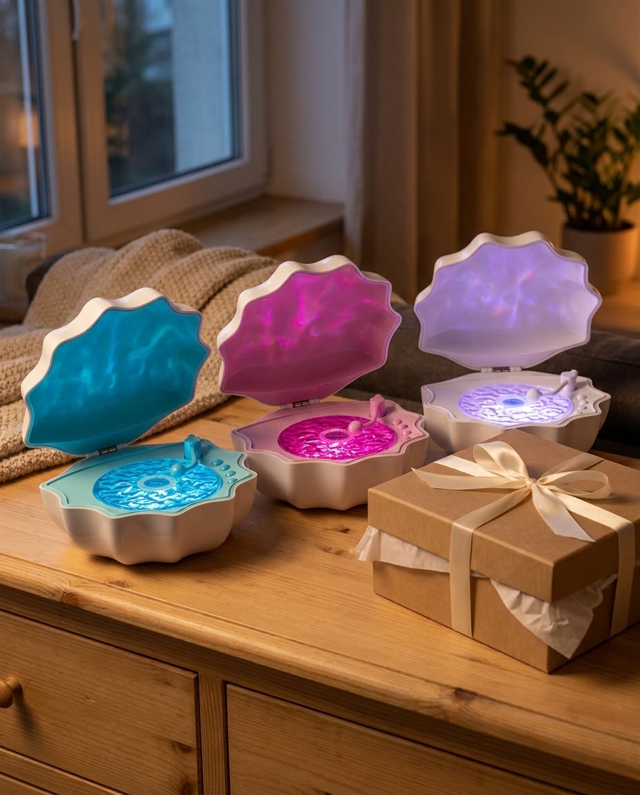 Trzy lampki Lumina: turkusowa, różowa i biała, obok prezent w pudełku